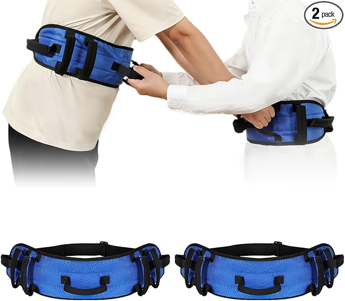 Rhino Valley Gait Belt 2 Pack with 7 Handles - Anti-Slip Transfer Belt for Seniors & Elderly Care, Adjustable Patient Lift Safety Belt for Home & Hospital Use, Blue & Black