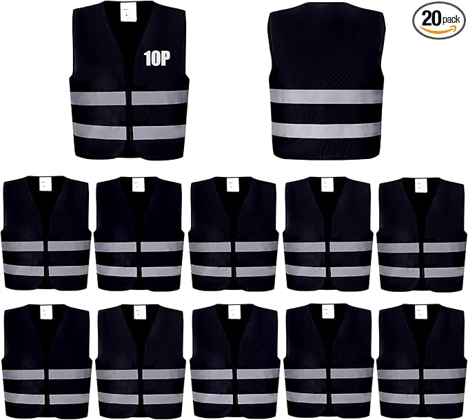 Black Safety Vests 20 Pack - Reflective High Visibility Construction ANSI Class 2 Work Vests for Men,Woman,Hi Vis Mesh and Neon Silver Strip