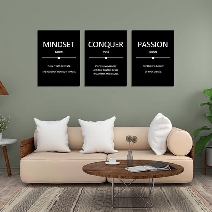 Unbruvo Motivational Wall Decor for Office, 3 Pieces Inspirational Canvas Wall Art, Mindset Passion Conquer Canvas Poster, Positive Quotes for Entrepreneur Meeting Room Lobby Bedroom(60''Wx 28''H)