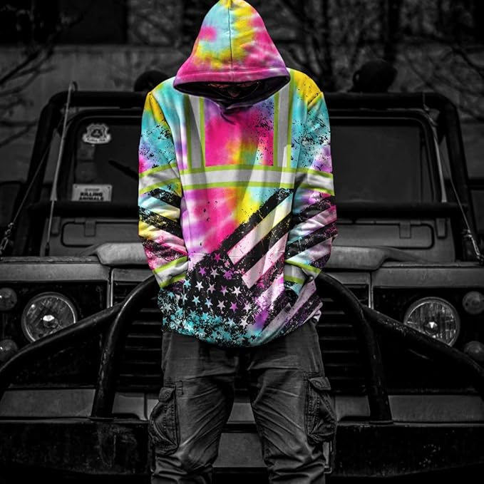 US Flag High Visibility Hoodie for Men Reflective Hoodie Safety Workwear for Worker Runner Patriotic ACC02