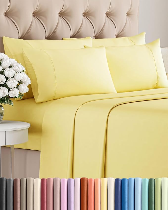 Queen 6 Piece Sheet Set - Cooling & Breathable Bed Sheets - Hotel Luxury Bed Sheets for Women, Men, Kids & Teens - Comfy Bedding w/Deep Pockets & Easy Fit - Soft & Wrinkle Free - Queen Yellow Sheets