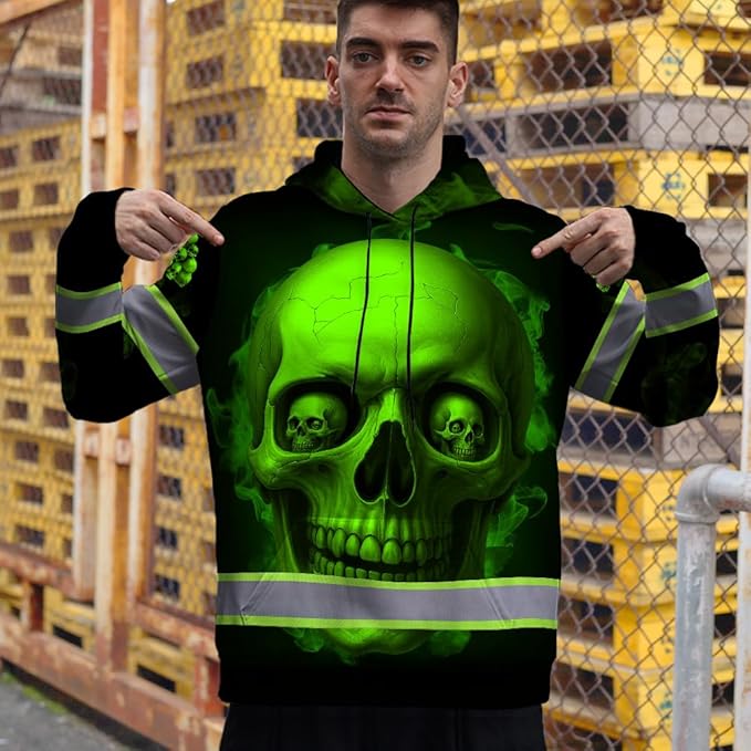 Matedecor Skull US Flag Reflective High Visibility Hoodie For Men Construction Hi Vis Safety Workwear Custom Name
