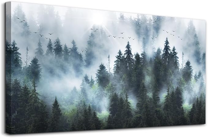 DZRWUBHS Canvas Wall Art - Large Size Modern Wall Decor for Living Room, Office, Bedroom - Foggy Forest Trees Landscape Painting - 20"X40"