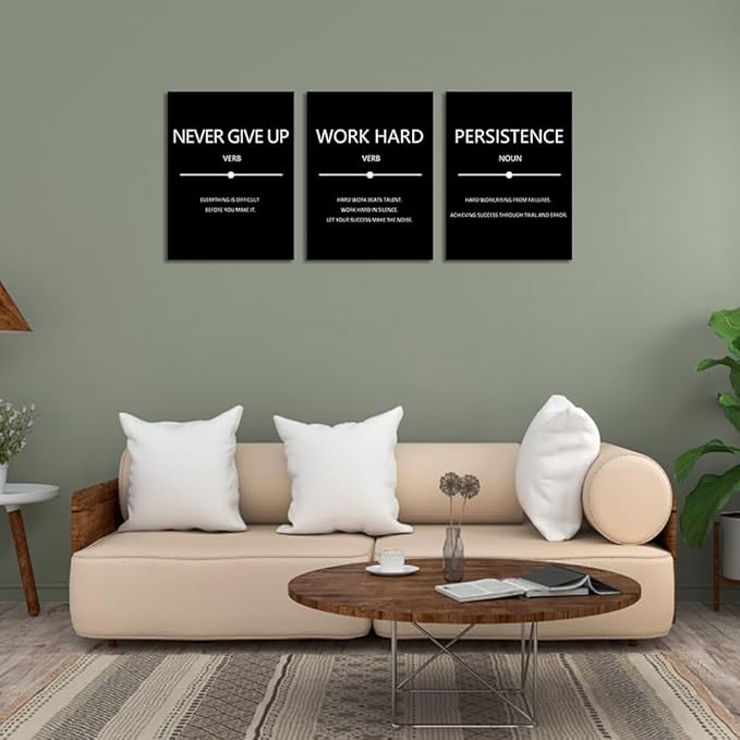 Unbruvo Inspirational Canvas Wall Art, Motivational Office Wall Decor, 3 Pieces Black Never Give Up Positive Quotes Wall Art for Workplace Living Room Bedroom(36''W x 16''H)
