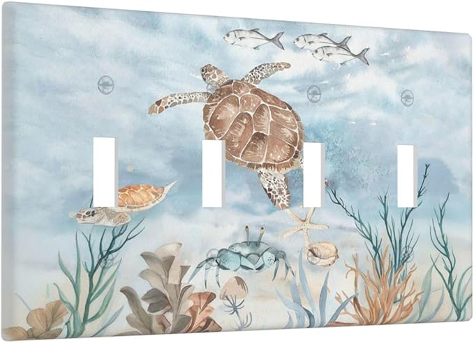 Light Switch Covers Sea Turtle Coral Reef Nauticaltheme Quad Toggle Electrical Faceplate 4 Gang Wall Plate Decorative Switch Plates for Kids room Bathroom Decor