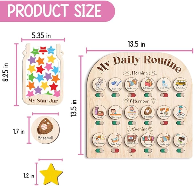 Wooden Daily Routine Chart with 30 Tokens Reward Jar, Toddler Reward System, Morning Bedtime Routine Chart, Toddler Charts for Behavior and Routines, Wooden Chore Chart for Kids
