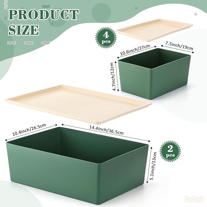 Menkxi 6 Pcs Large and Small Plastic Storage Bins with Lids 14.4 x 10.4 x 5.1 Inch Stackable Storage Containers Decorative Cubby Organizer for Clothes Shelves Garage Closet Office(Green)