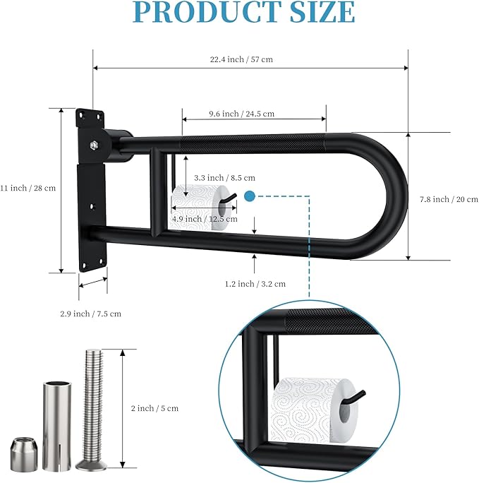 Toilet Grab Bar 22.4 Inch Black, Munzong Anti-Slip Handicap Grab Bars with Paper Holder, Flip-Up Bathroom Safety Rails, Stainless Steel Knurled Support handrails for Seniors Elderly Disabled Pregnant