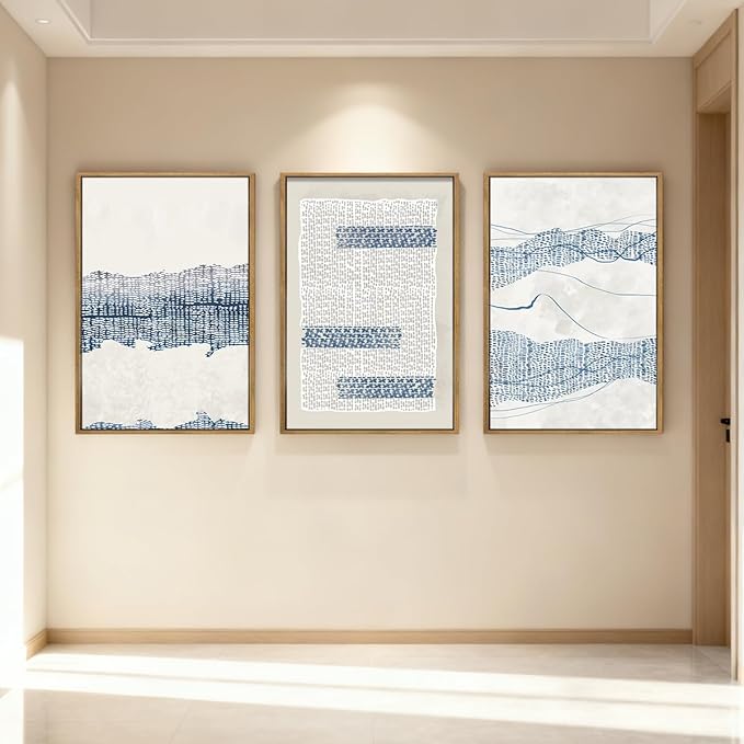 IARTTOP Large Blue Abstract Canvas Wall Art Framed 24x36 Inch Neutral Minimalist Modern Wall Art Mid Century Boho Artwork for Living Room Bedroom Office Set of 3