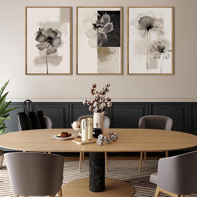 IARTTOP Framed Black Neutral Large Canvas Wall Art 16x24 Inch Minimalist Abstract White Tan Brown Flower Wall Decor Set of 3 for Living Room Bedroom Dining room