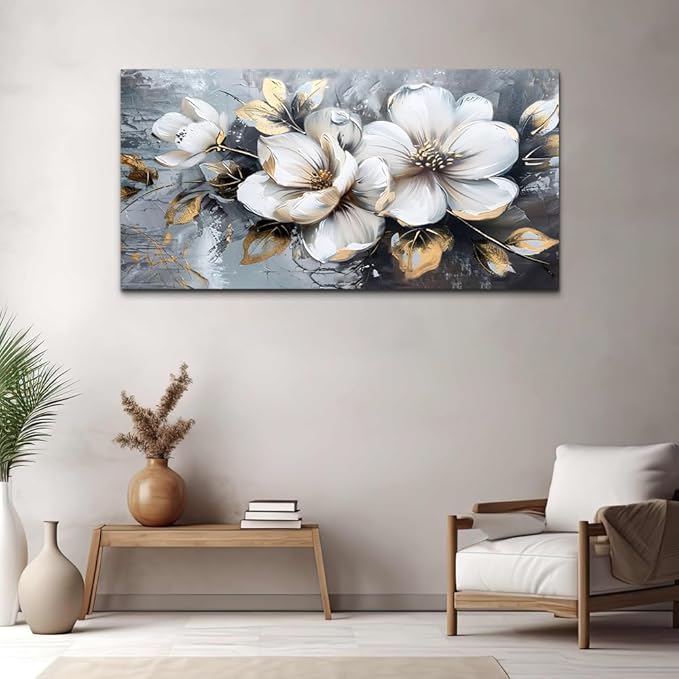 KELIYUAN Large Canvas Wall Decor Living Room For Wall Art For Bedroom Office Decorations Abstract White Flowers Wall Paintings Pictures Artwork Modern Framed Posters Home Decor Aesthetic 30"x60"