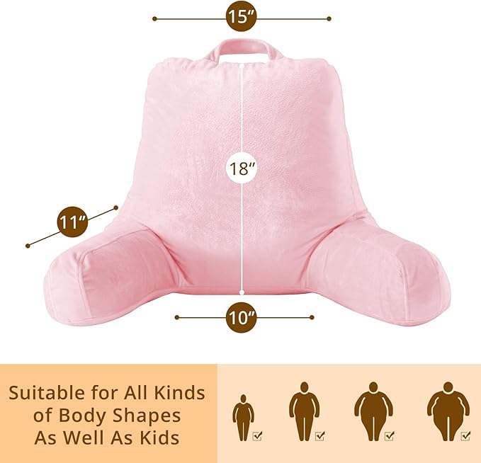 Sasttie Reading Pillow, Velvet Back Pillow for Bed Sitting Up, Adult Back-Rest Support Cushion with Arms for Sit Up on Couch, Sofa, and Floor, Dorm Essentials, Reading Accessories, Pink