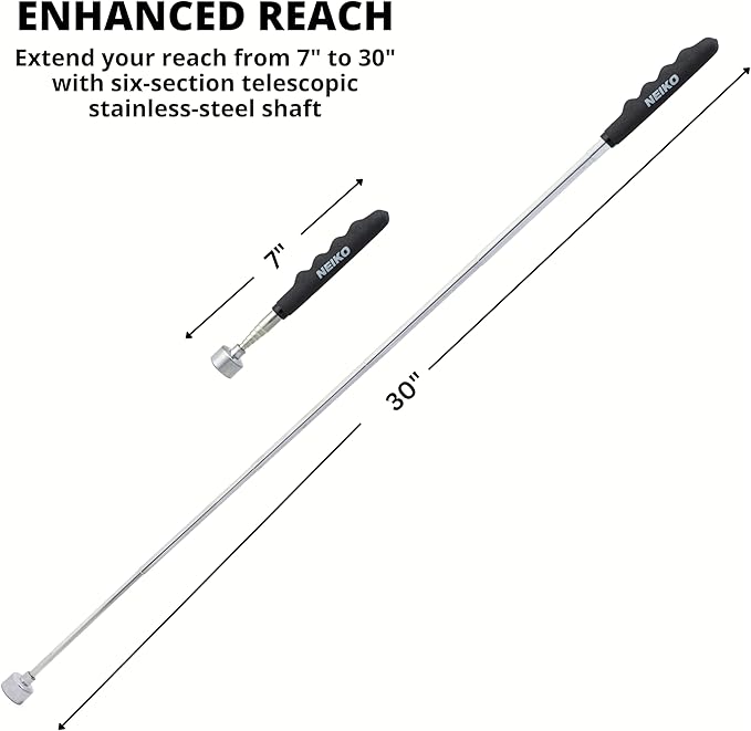 NEIKO 25 Lb Telescoping Magnetic Pickup Tool, 30" Extendable, Silver Stainless Steel, Cylindrical, 1" Head, 25 Lb Pull Force
