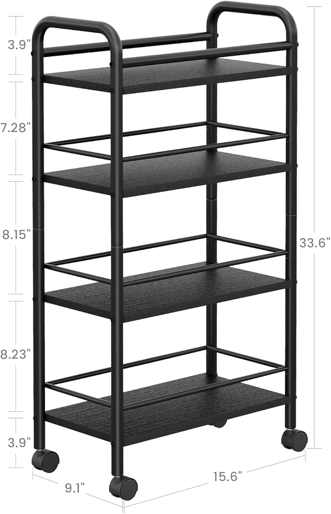 Slim Rolling Cart, 4-Tier Narrow Storage Cart with Handle, 9.1 Inches Deep, Bathroom Shelf for Small Spaces, Kitchen, Dining Room, Living Room, Laundry Room, Black