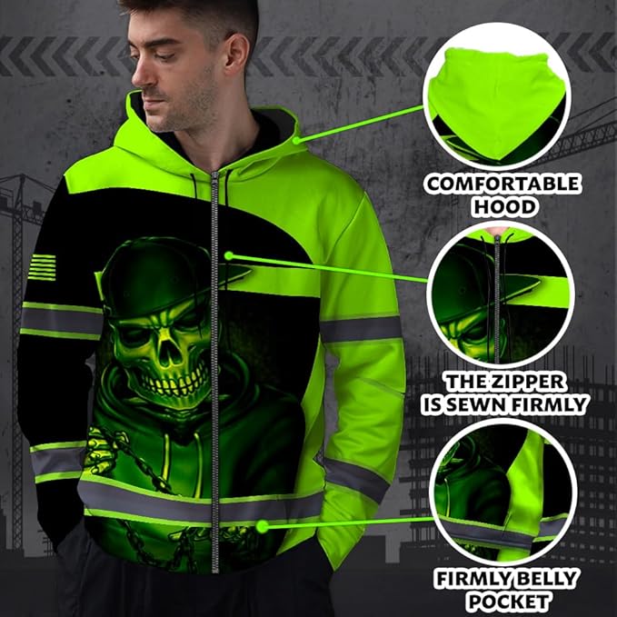 Maddly Hi Vis Reflective Zip Up Hoodie, High Visibility Safety Jacket with Skull Design for runner, worker, trucker, cyclist