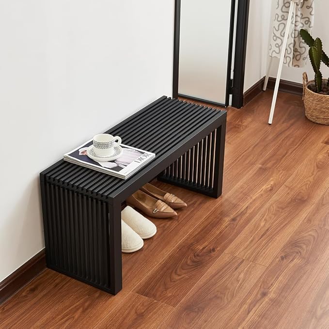 Versatile Wooden Slatted Bench - Sleek Modern Design for Dining, Entryway, Bedroom - Indoor Use with Storage Capability for Home, Kitchen, Bathroom & Beyond (Black)