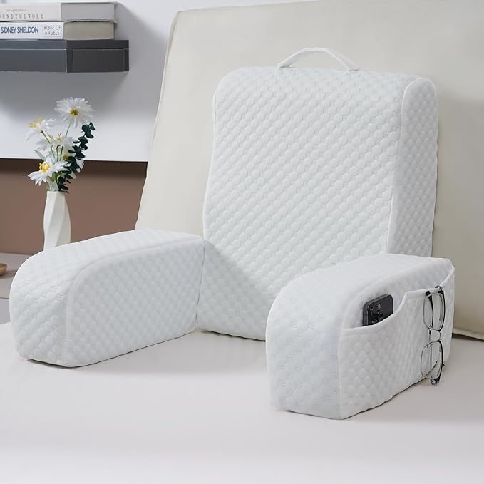 Bed Reading Pillow Back Support with Arms, Removable Pillowcase for Book Working Gaming Resting Watching TV, White/20in