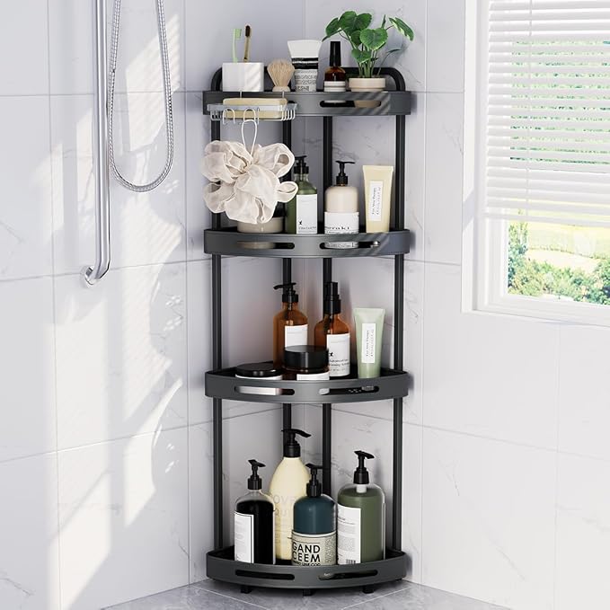 Corner Shower Caddy Stand, 4 Tier Standing Shower Organizer with Soap Holder, Rustproof Shower Shelves for Bathroom Shampoo Storage, Grey