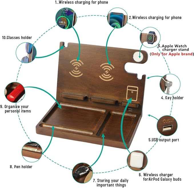 Wood Phone Docking Station Dual Phone Wireless Charging Station Organizer with 4 Wireless Charger Stand for iPhone Samsung iWatch AirPod Mens Nightstand Organizer Anniversary Birthday Gifts for Men