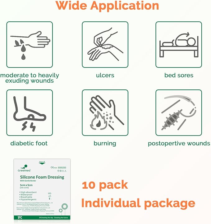 Silicone Foam Dressing 2x2 Inch with Border - 10 Pack Adhesive Waterproof Bandages for Wound - High Absorbency Big Foam Pad Bandaids - Medical Grade Wound Dressing