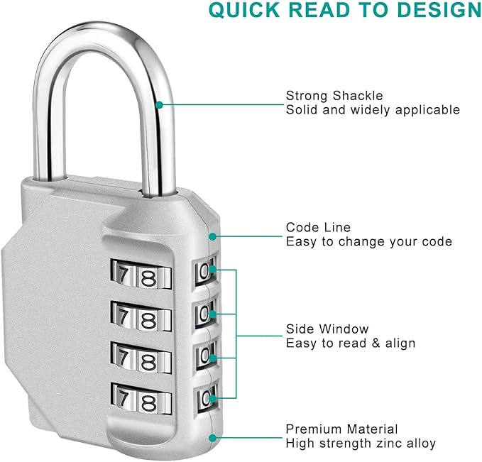 ZHEGE Combination Lock Outdoor, 4 Digit Re-settable Padlock for Gym, School, Fence, Employee Locker (Sliver)