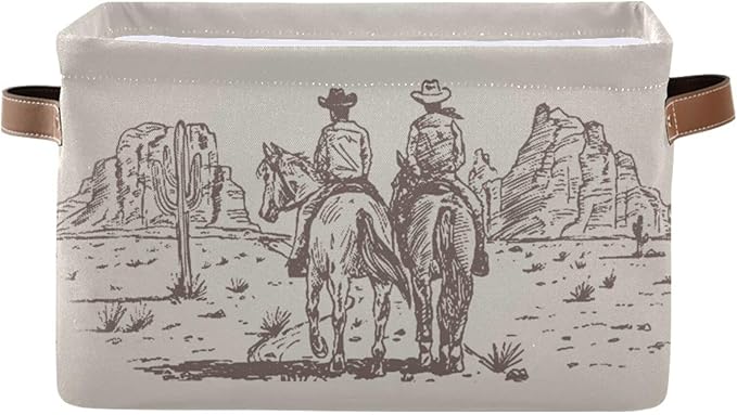 Western Desert Cowboy Storage Basket Cube Storage Bins Organizer Bag Collapsible Closet Shelf Baskets with handle for Cloth Book 14.2×10.2×8.3 IN