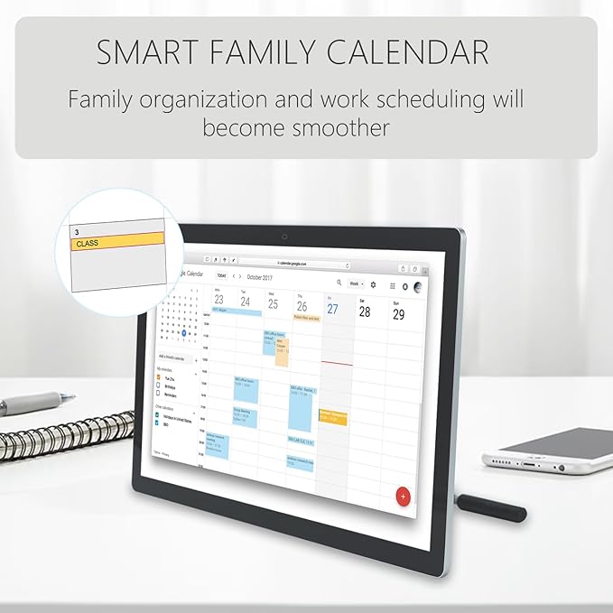 27 inches Touchscreen Digital Calendar & Wall Planners, Smart Whiteboard Calendar for Chore Chart & Work Schedule, Built in Speakers and Camera, Include Wall Mount & Desk Stand