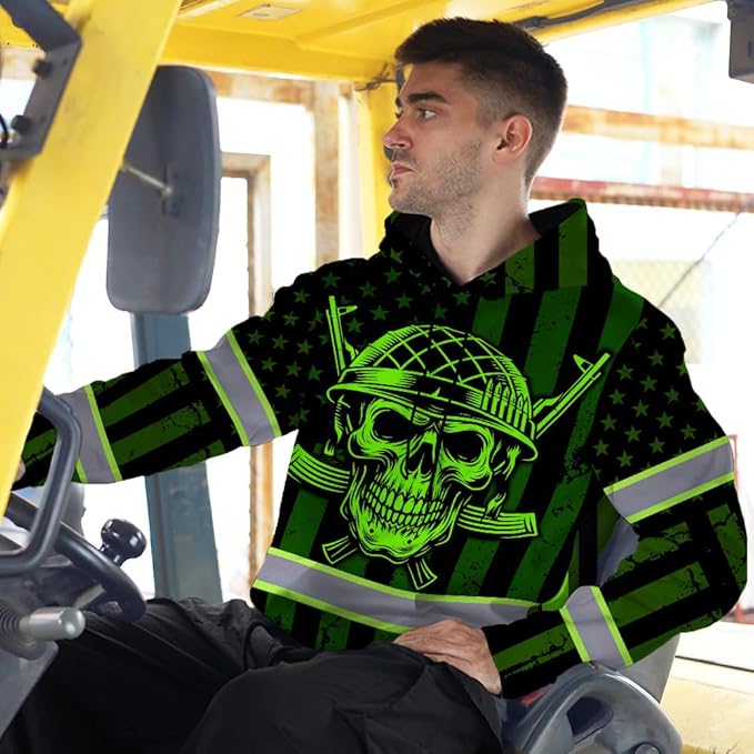 Matedecor Skull US Flag Reflective High Visibility Hoodie For Men Construction Hi Vis Safety Workwear Custom Name