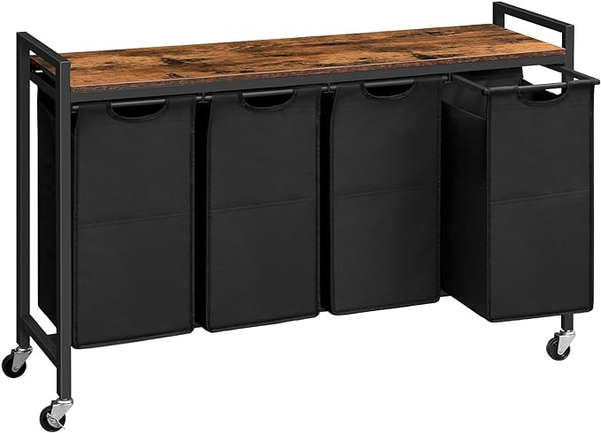 HOOBRO Laundry Sorter 4 Sections, Laundry Hamper with Wheels, 4 × 10.5 Gal (40 L), Rolling Laundry Basket, Pull-Out and Removable Oxford Fabric Bags, Rustic Brown and Black BF04XY01