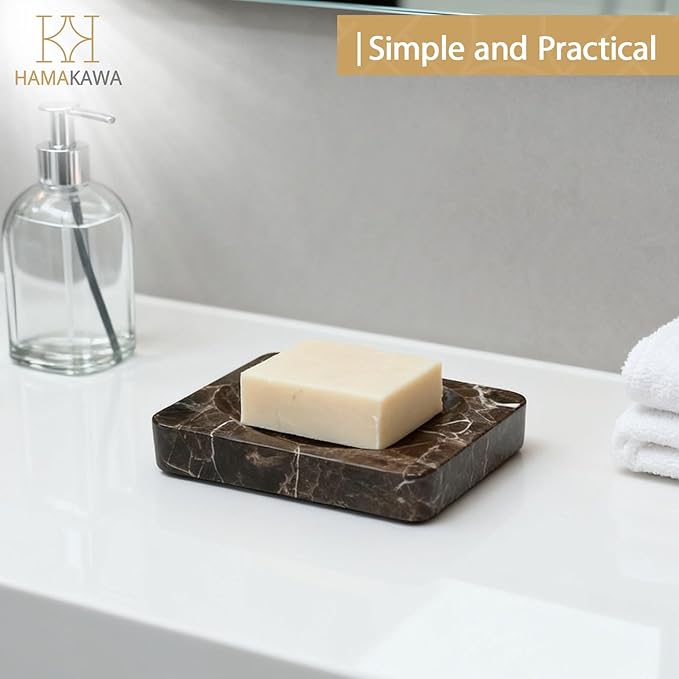 Natural Marble Soap Dish, Emperador Dark Rectangle Jewelry Dish, Dark Brown Style Shower Soap Holder, Modern Stone Sponge Holder, Bar Soap Saver Tray for Bathroom, Kitchen, Easy to Clean