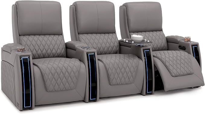 Seatcraft Apex Zero-Gravity CoolZero Italian Leather Home Theater Seating, Powered Headrest, Powered Lumbar, Powered Recline, Row of 3, Gray