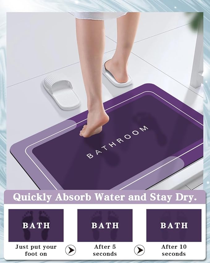 Bath Mat, Super Absorbent Non Slip Quick Dry Thin Rubber Mats for Bathroom Floor, Fit Under Door, Shower Rug for Bathtub, Shower, Purple