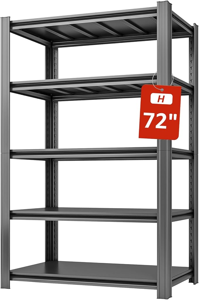 36" W Father&I 5-Shelf-Rack Industrial Heavy-Dudy Adjustable Metal Garage Bin Storage Shelving Stant Shelves Units/Systems Organizer for Basement/Closet/Tote/Pantry, 72" H*36W *16" D, Black