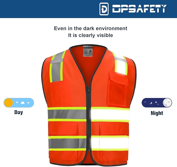 9 Pockets High visibility Class 2 Safety Vest，Hi Vis Vest with 2 inch wide Reflective Strips security vest with Zipper construction work vest for men &women Orange，Large