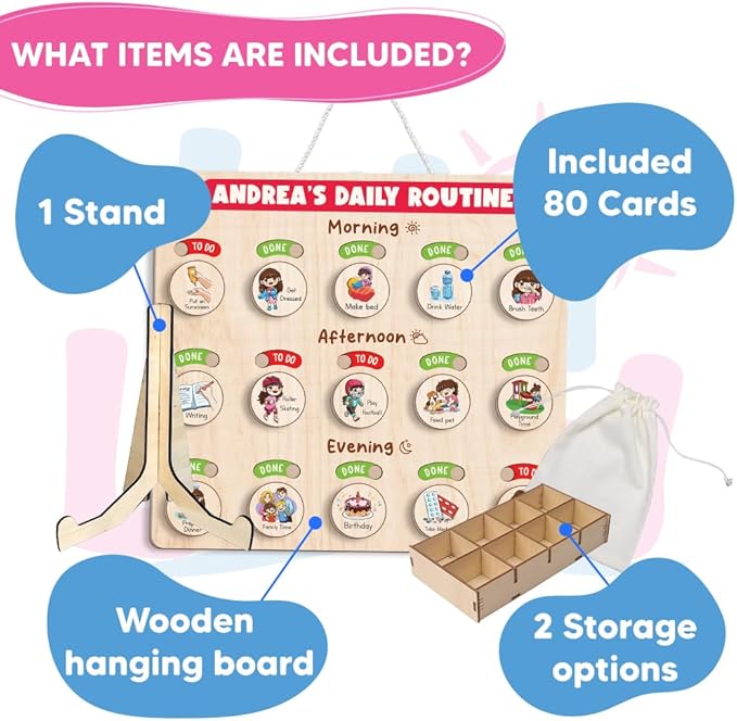 Wooden Chore Chart for Boys, Daily Routine Chart for Kids, Visual Schedule, Chore Reward Chart, Bedtime Morning Routine Chart for Toddlers (07)
