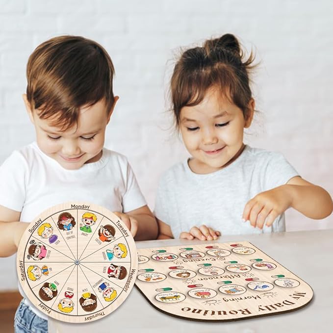 Personalized Wooden Daily Routine with Emotion Wheel, Daily Chore Chart for Kids, Behavior Chart at Home for Toddler, Visual Schedule with Feeling Wheel for Kids Boys Girls