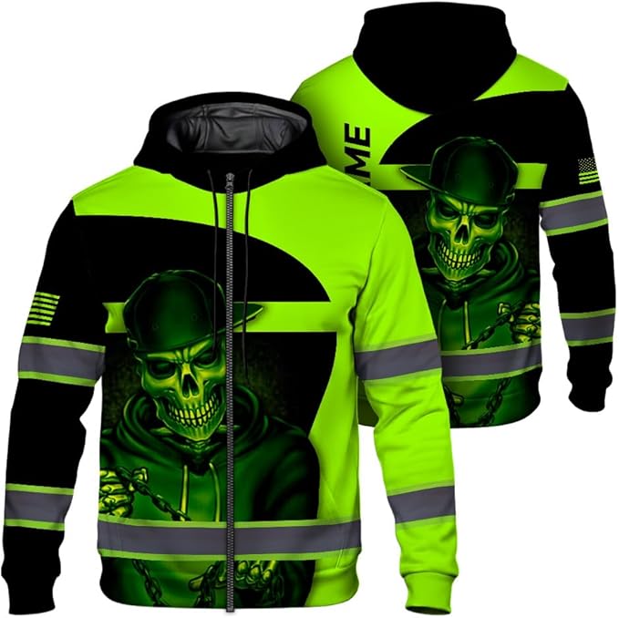 Maddly Hi Vis Reflective Zip Up Hoodie, High Visibility Safety Jacket with Skull Design for runner, worker, trucker, cyclist