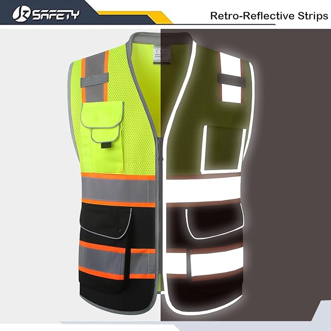 JKSafety 9 Pockets Class 2 Hi-Vis Safety Vest High Visibility Reflecitive Mesh Safety Vests for Men and Women Cushioned Collar Work Utility PPE Work Gear ANSI/ISEA compliant (101-YBlack 3XL)