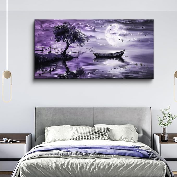 KELIYUAN Wall Art For Living Room Canvas Wall Decor For Bedroom Office Wall Decoration Landscape Paintings Modern Purple Lake View Pictures Artwork Hotel Room Home Decor Ready To Hang 20x40 In
