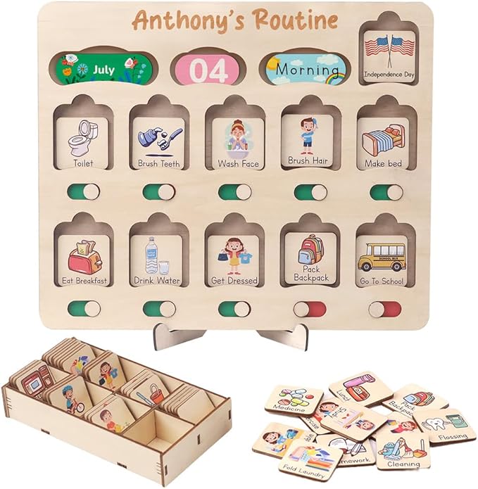 Wooden Chore Chart for Kids Visual Schedule, Routine Chart for Kids, Morning Bedtime Routine Chart for Toddlers Ages 2-4, Daily Kids Schedule Board for Home (03)