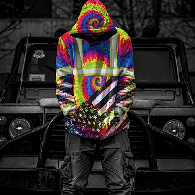 US Flag High Visibility Hoodie for Men Reflective Hoodie Safety Workwear for Worker Runner Patriotic ACC02