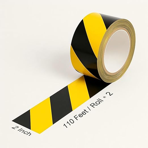 2 Inch x 220FT Black & Yellow Warning Tape Caution Tape | Strong Adhesive, Waterproof, Wear Resistant, Durable Safety Stripe for Floors Walls Stairs Industrial Home Garage Factory Equipment