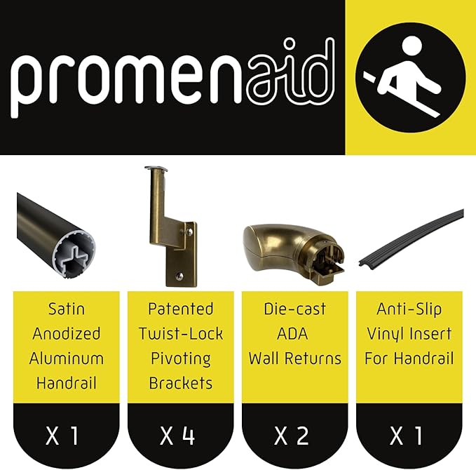 Promenaid 6ft ADA Handrail Kit - Architectural Bronze - Complete Indoor/Outdoor Handrail for Stairs - 1.6" Round Anodized Aluminum Railing with 4 Antique Brass Pivoting Brackets & ADA Wall Returns