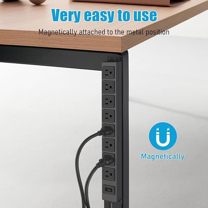 HHSOET Magnetic Mount Power Strip, 8 Outlet Mountable Socket, Metal Heavy Duty Surge Protector, Gaming Table Outlet, Easy to Fix Without Drilling or Taping, 3FT Extension Cord.(Black)
