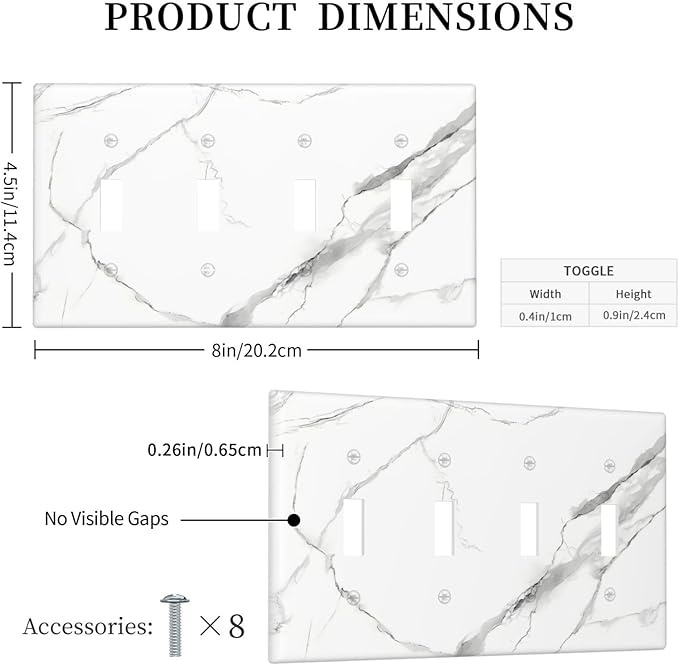 White Marble Abstract Luxurious Print Light Switch Covers Quad Toggle Electrical Faceplate 4 Gang Wall Plate Decorative Switch Plates Cover for Bathroom Kitchen Home Decor