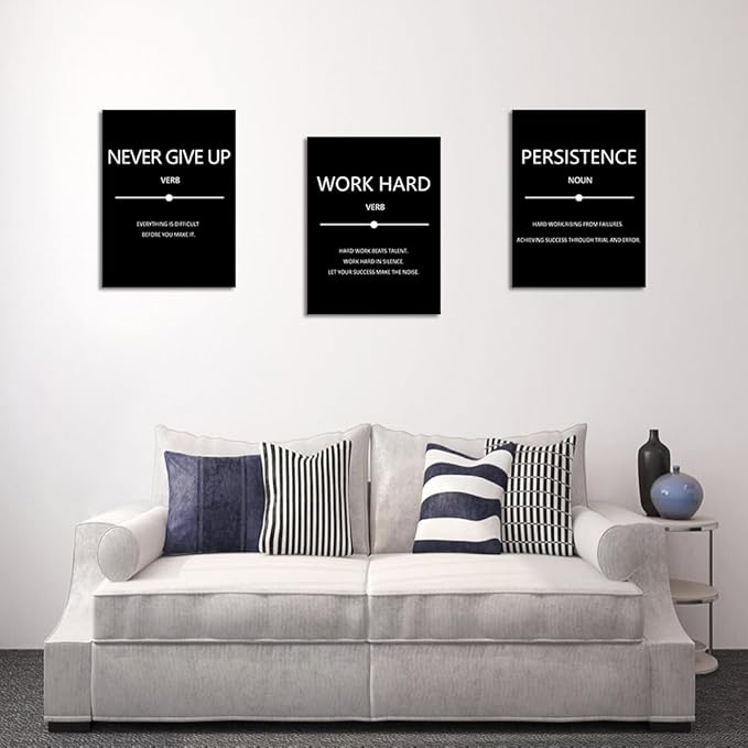 Unbruvo Inspirational Canvas Wall Art, Motivational Office Wall Decor, 3 Pieces Black Never Give Up Positive Quotes Wall Art for Workplace Living Room Bedroom(48''Wx 24''H)
