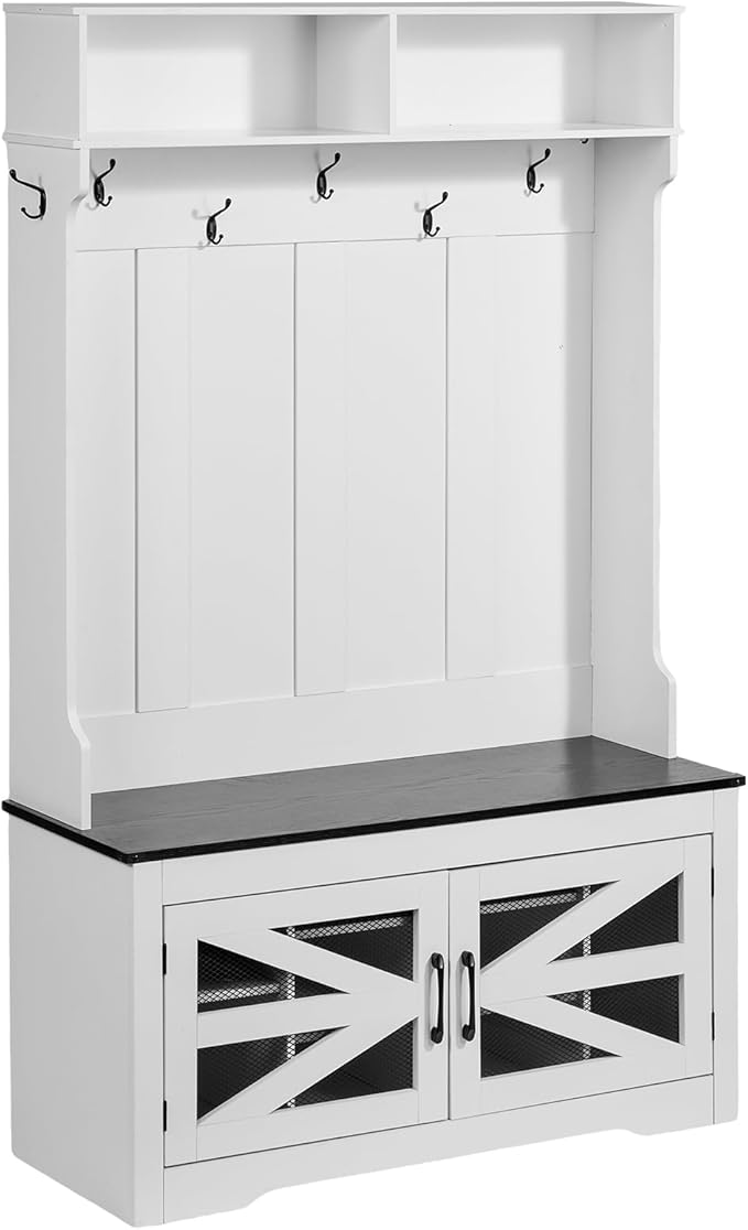 VEVOR Hall Tree Entryway Bench, LED Coat Rack with Shoe Storage, 42" Wide Mudroom Bench with Storage and Seating, Adjustable Shelves and 7 Hanging Hooks, for Mudroom, Entryway, Hallway