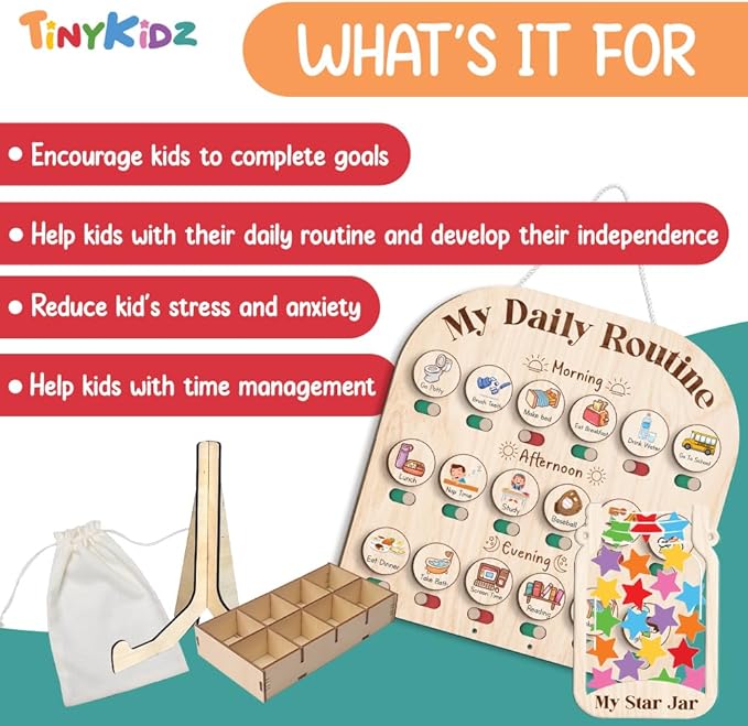 Wooden Daily Routine Chart with 30 Tokens Reward Jar, Toddler Reward System, Morning Bedtime Routine Chart, Toddler Charts for Behavior and Routines, Wooden Chore Chart for Kids