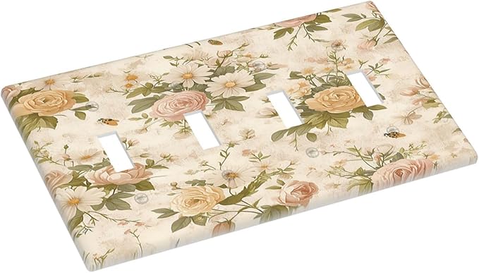 Light Switch Covers Boho Vintage Roses Pink Red Yellow Bouquet Floral Quad Toggle Electrical Faceplate 4 Gang Wall Plate Decorative Switch Plates for Bedroom living Room Decor