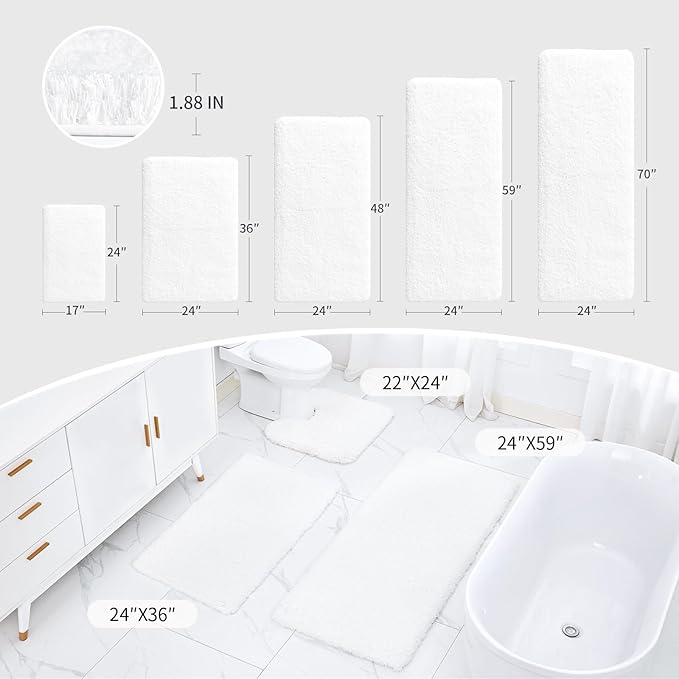 White Bathroom Rugs 24x36 Non Slip Fluffy Bath Mat for Bathroom Floor Washable Plush Luxury Bath Rug for Tub Soft Shaggy Absorbent Shower Sink Mat